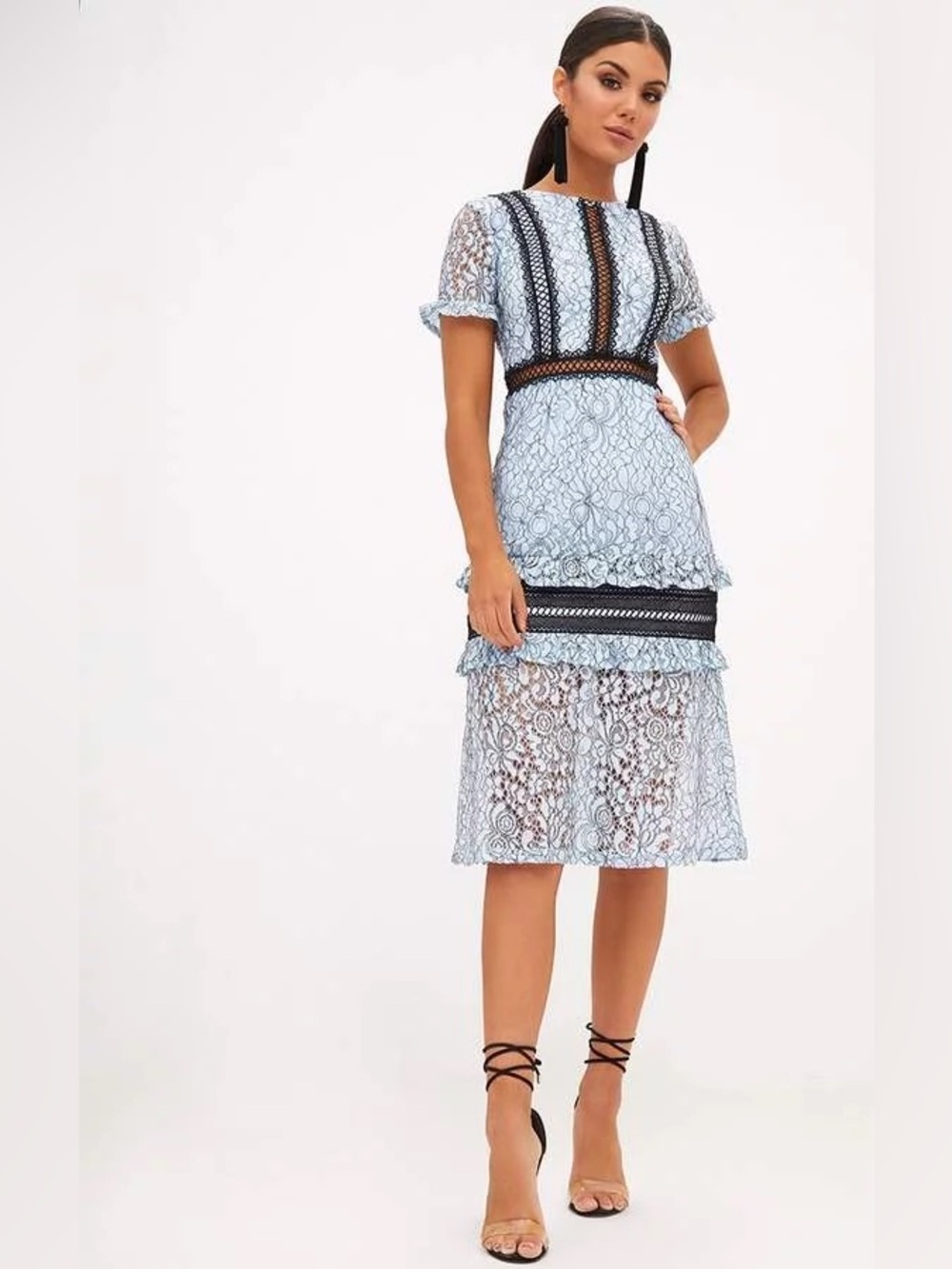 PrettyLittleThing Light Blue Lace Midi Dress with Black Trim